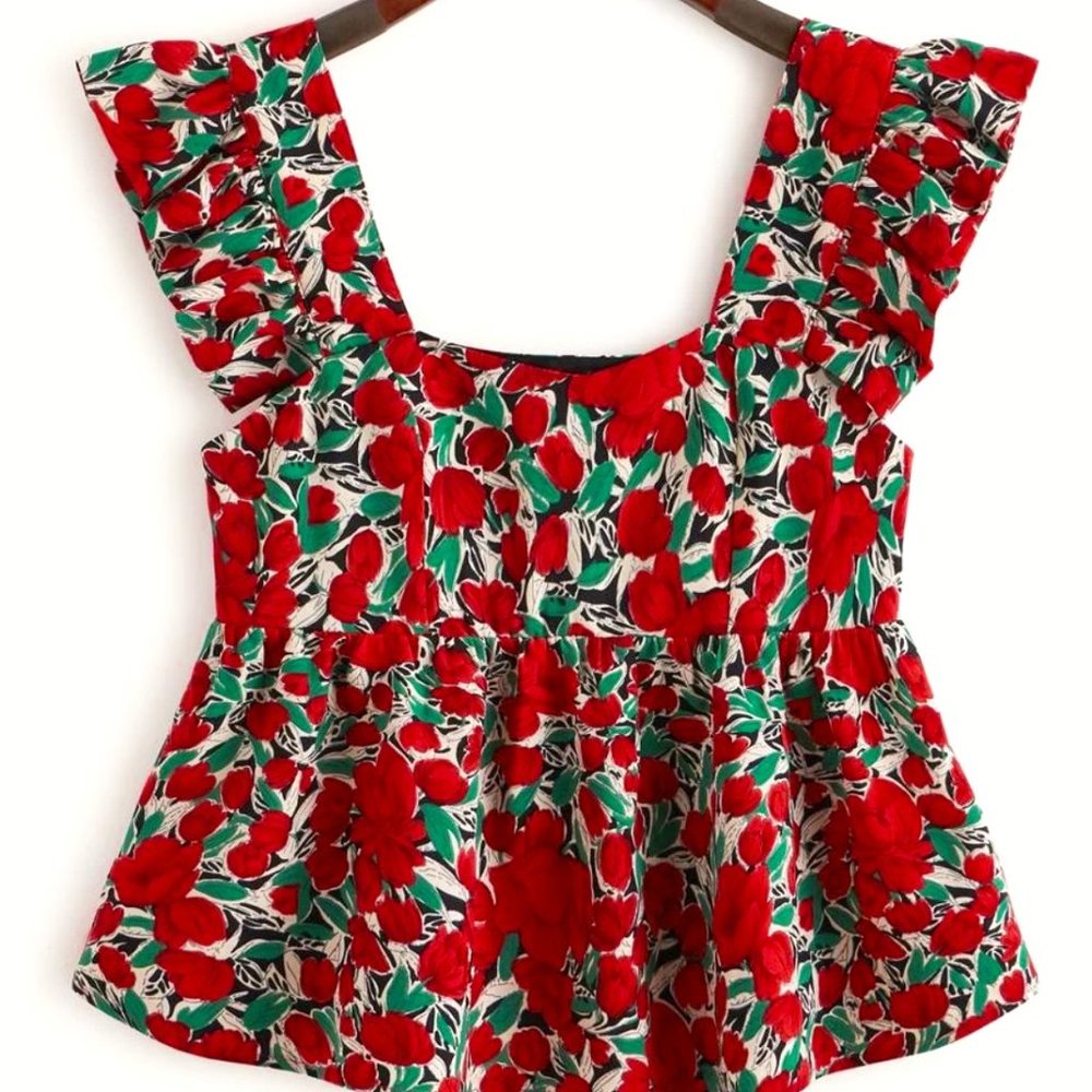 SHEIN Ruffle Trim Floral Print Peplum Top